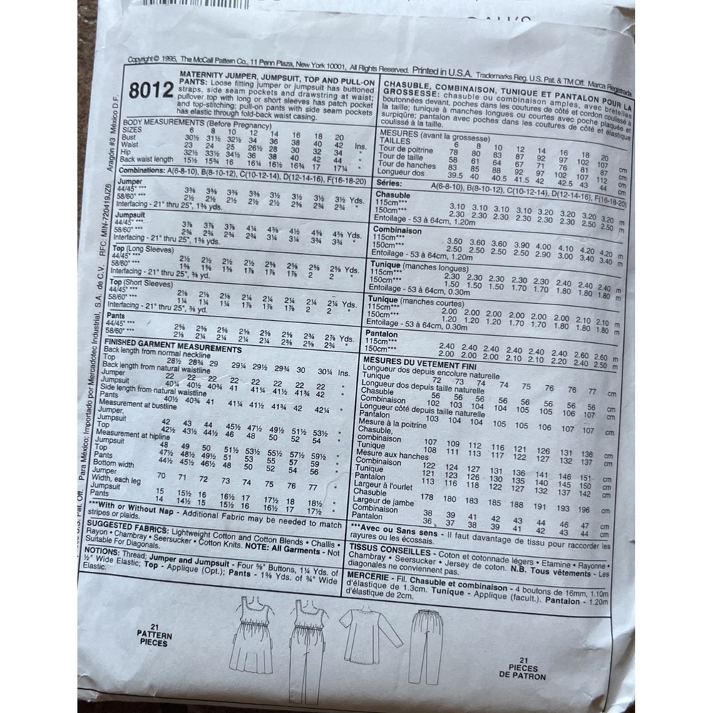 McCall Brand New Pattern 8012 Maternity Jumper Jumpsuit Top And Pull On Pnt 6-10 - Picture 2 of 3